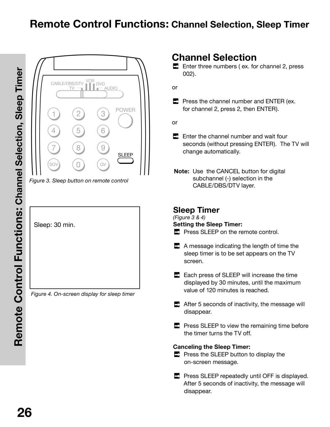 Mitsubishi Electronics WT-42315, WS-65315A manual Channel Selection, Setting the Sleep Timer, Canceling the Sleep Timer 