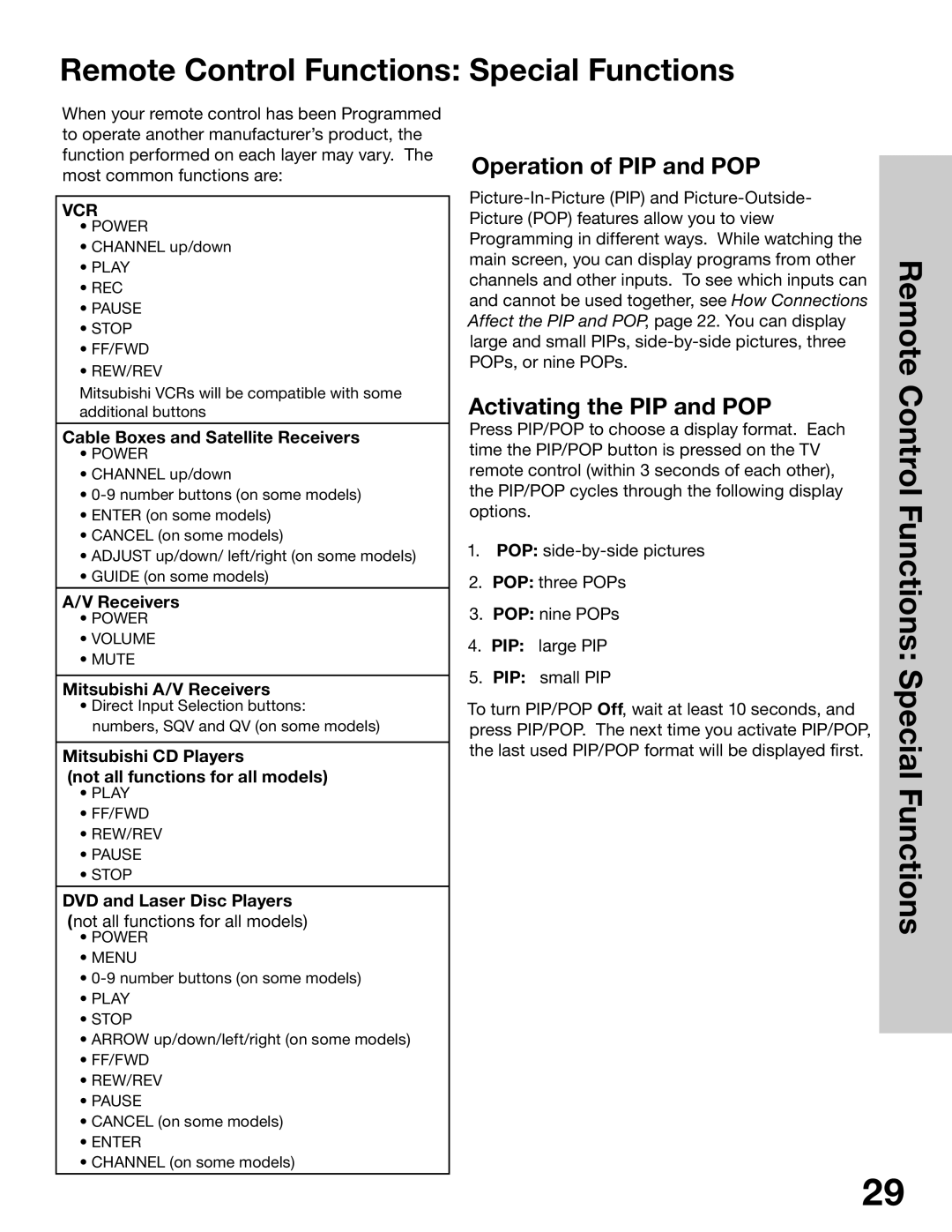 Mitsubishi Electronics WS-65315A, WT-42315 manual Remote Control Functions Special Functions, Operation of PIP and POP 