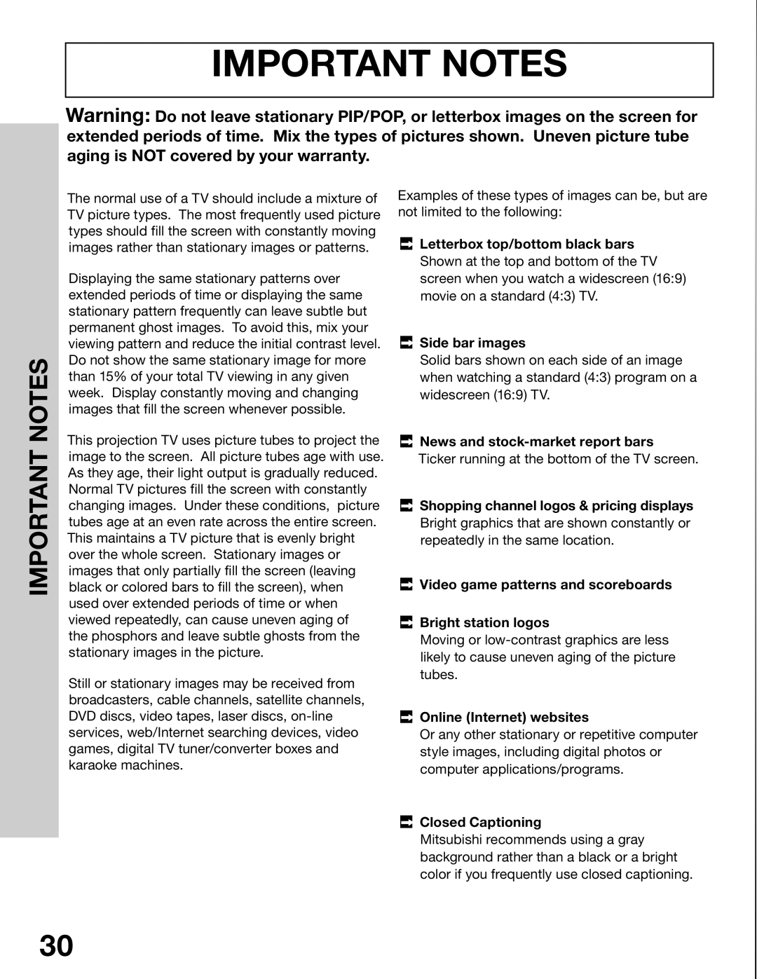 Mitsubishi Electronics WS-65315A, WT-42315, WS-55315, WS-48315 manual Important Notes 