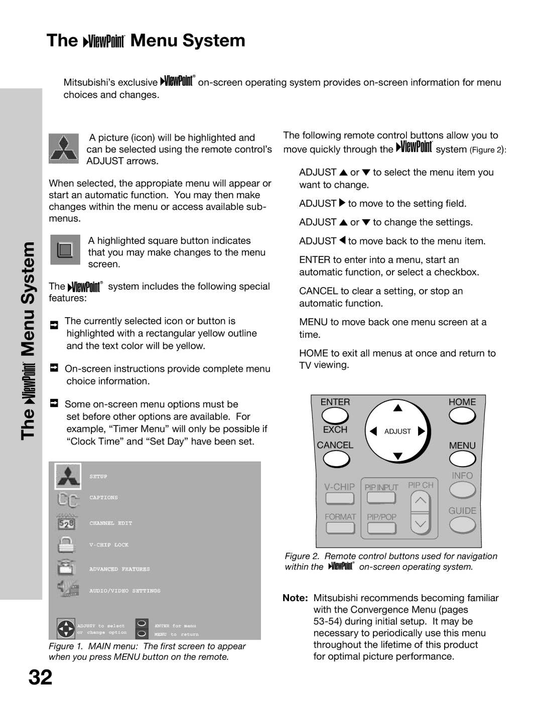 Mitsubishi Electronics WS-55315, WS-65315A, WT-42315, WS-48315 manual Menu System 