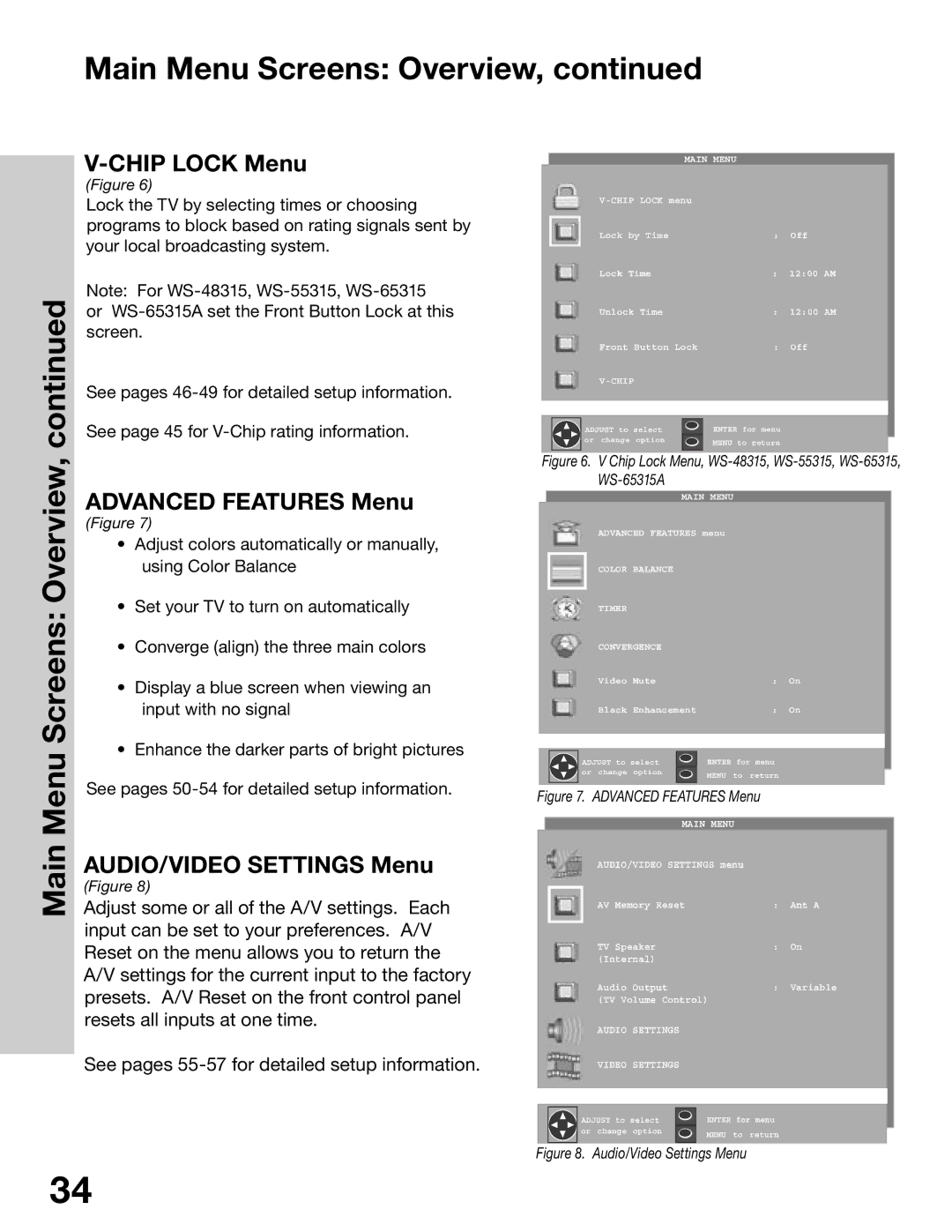 Mitsubishi Electronics WS-65315A, WT-42315, WS-55315 Chip Lock Menu, Advanced Features Menu, AUDIO/VIDEO Settings Menu 