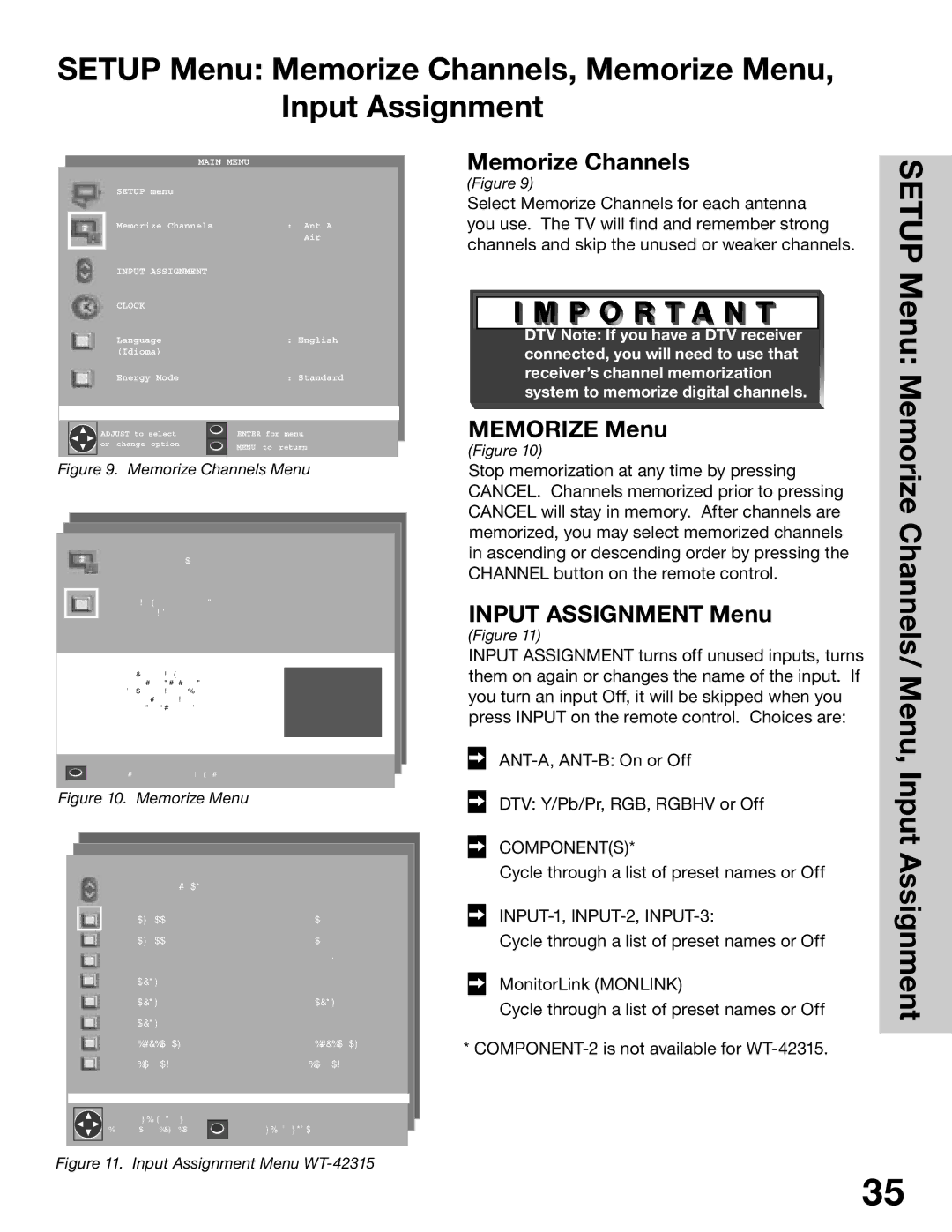 Mitsubishi Electronics WS-65315A, WT-42315, WS-55315, WS-48315 manual Memorize Channels, Memorize Menu, Input Assignment Menu 