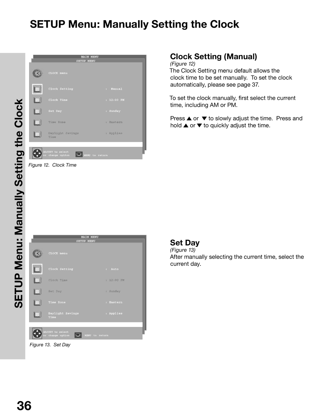 Mitsubishi Electronics WT-42315, WS-65315A, WS-55315 Setup Menu Manually Setting the Clock, Clock Setting Manual, Set Day 