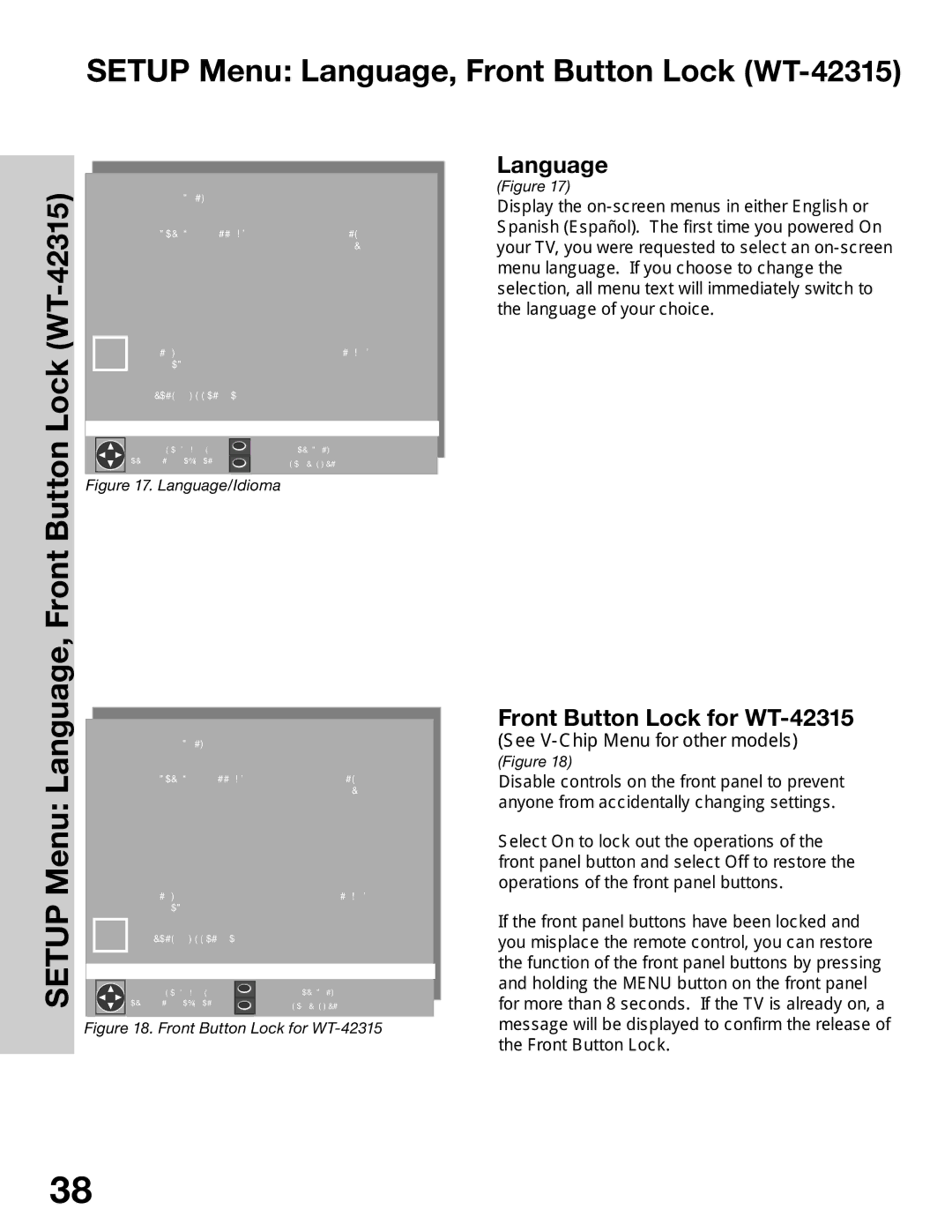 Mitsubishi Electronics WS-48315, WS-65315A Setup Menu Language, Front Button Lock WT-42315, Front Button Lock for WT-42315 