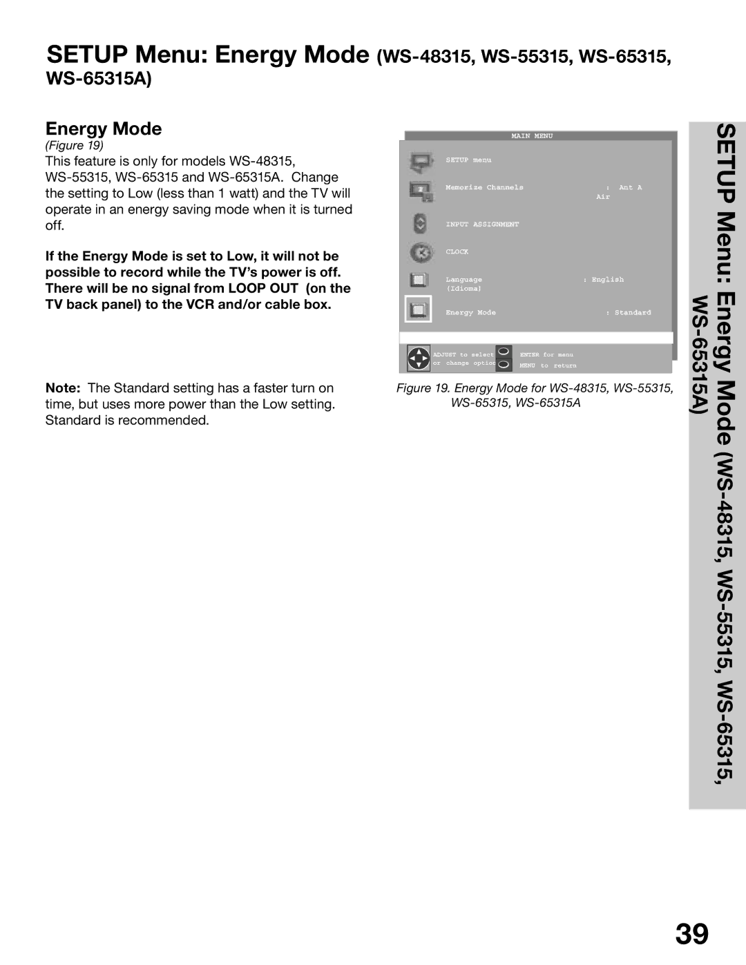 Mitsubishi Electronics WT-42315 manual Setup Menu Energy Mode, WS-65315A Energy Mode, WS-48315, WS-55315, WS-65315 