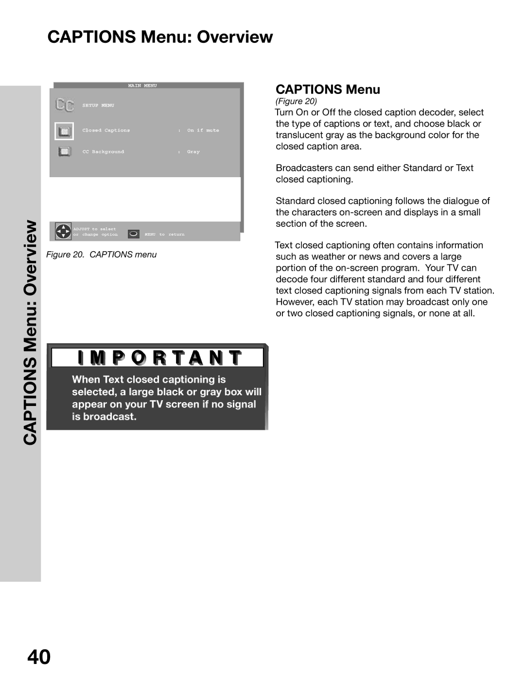 Mitsubishi Electronics WS-65315A, WT-42315, WS-55315, WS-48315 manual Captions Menu Overview 