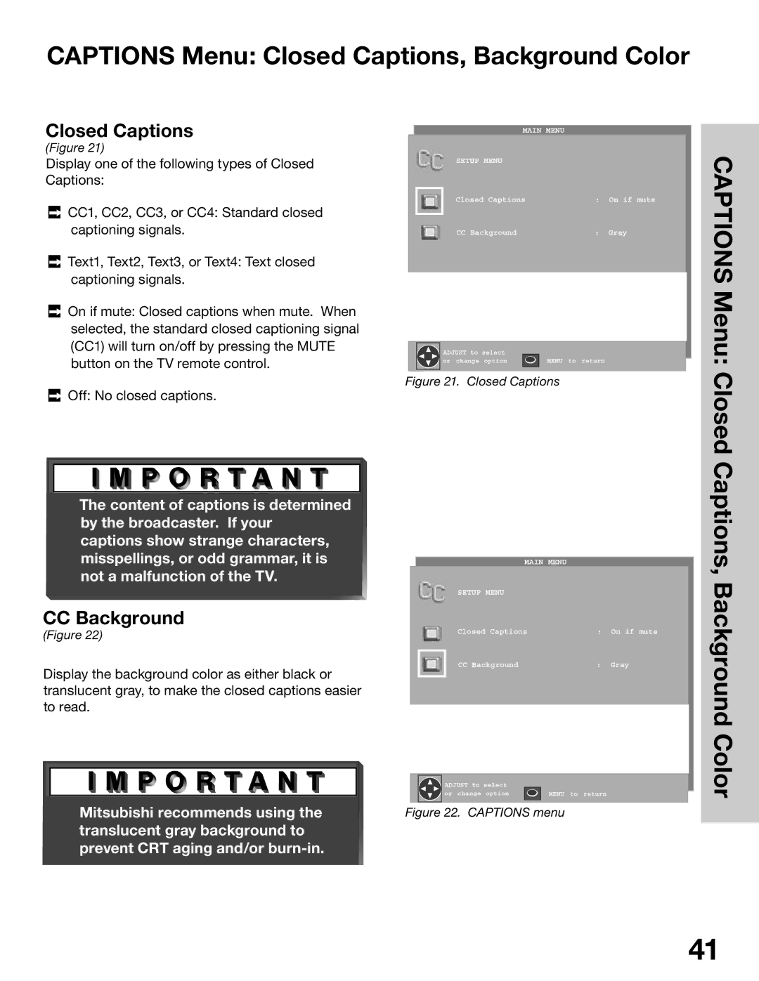 Mitsubishi Electronics WT-42315, WS-65315A, WS-55315 manual Captions Menu Closed Captions, Background Color, CC Background 