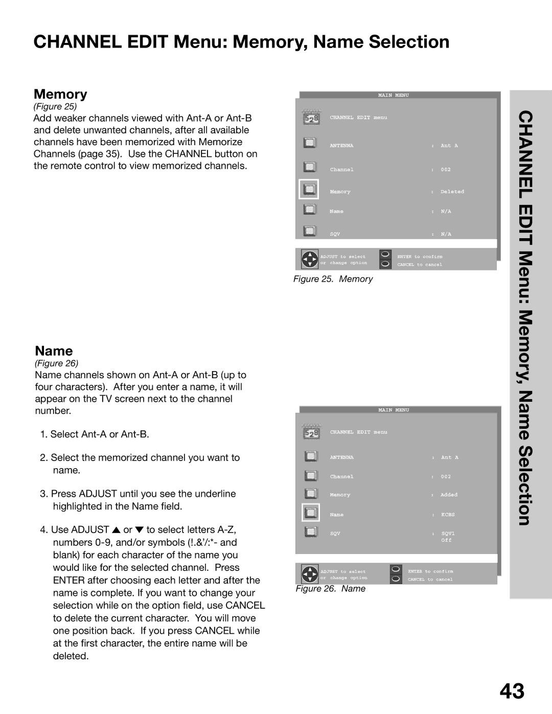 Mitsubishi Electronics WS-48315, WS-65315A, WT-42315, WS-55315 manual Channel Edit Menu Memory, Name Selection 