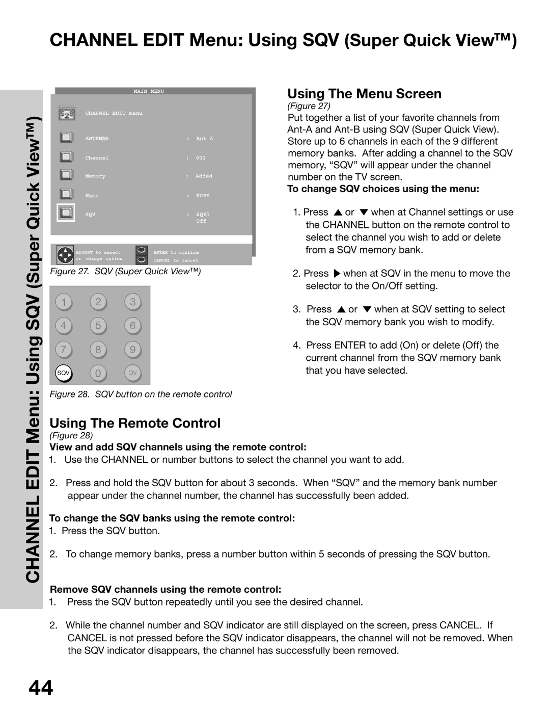 Mitsubishi Electronics WS-65315A, WT-42315, WS-55315 Channel Edit Menu Using SQV Super Quick View, Using The Menu Screen 