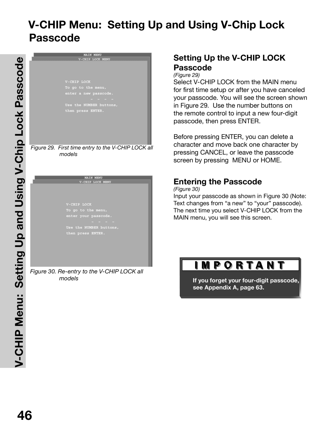 Mitsubishi Electronics WT-42315 Chip Menu Setting Up and Using V-Chip Lock Passcode, Setting Up the V-CHIP Lock Passcode 