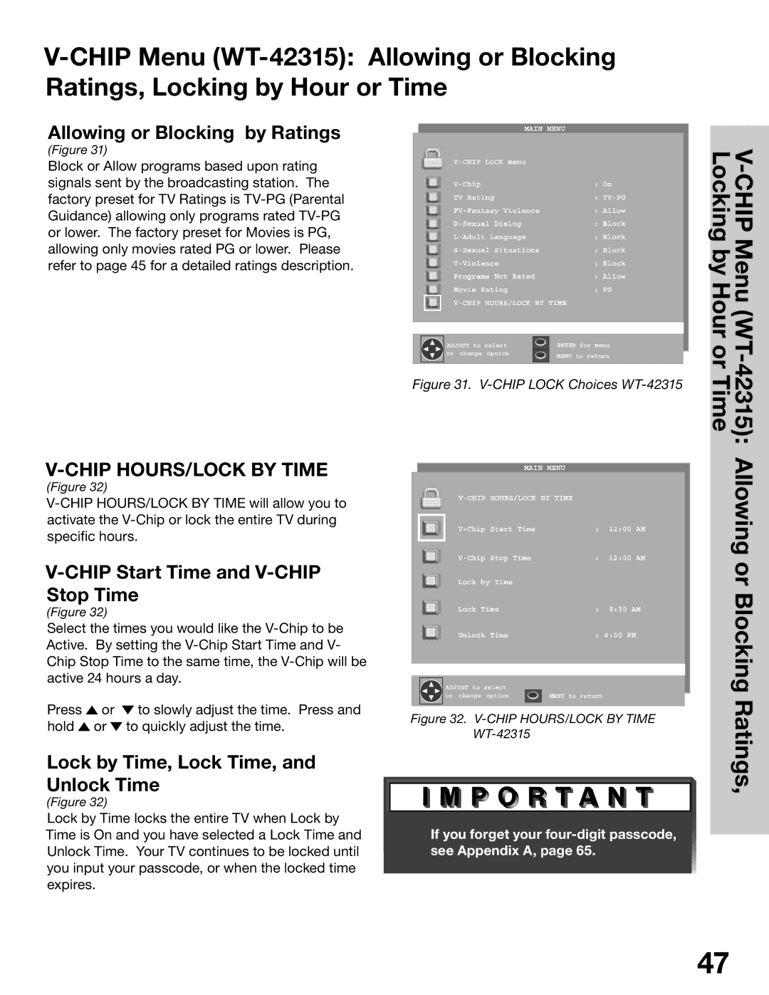 Mitsubishi Electronics WS-55315, WS-65315A, WT-42315 Allowing or Blocking by Ratings, Chip Start Time and V-CHIP Stop Time 