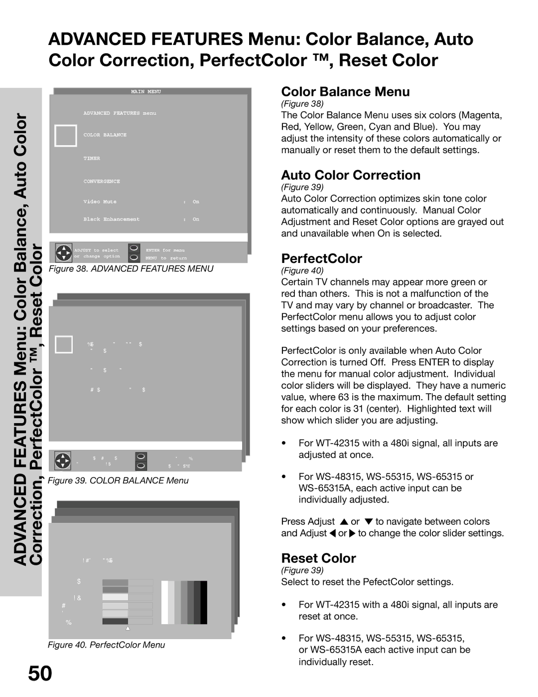 Mitsubishi Electronics WS-65315A, WT-42315, WS-55315 Color Balance Menu, Auto Color Correction, PerfectColor, Reset Color 