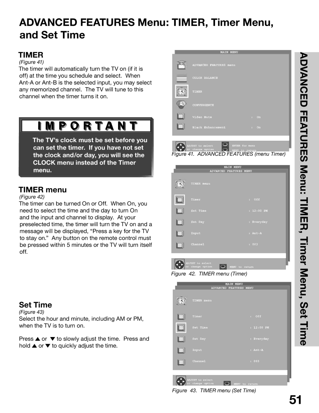 Mitsubishi Electronics WT-42315, WS-65315A, WS-55315 Advanced Features Menu TIMER, Timer Menu, and Set Time, Timer menu 