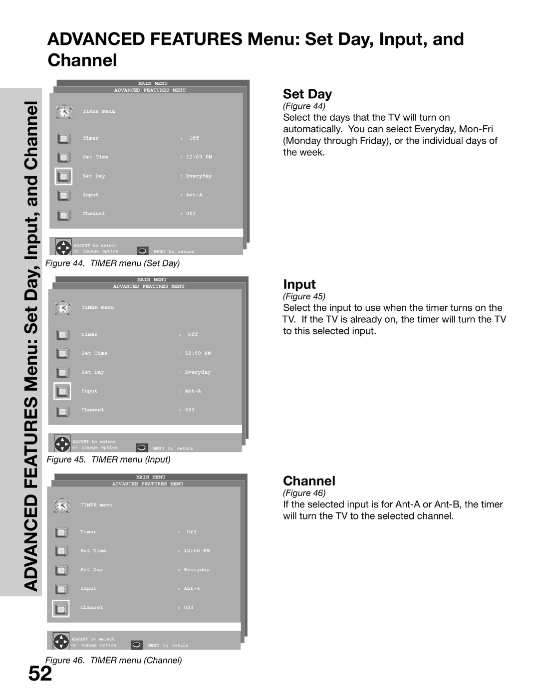 Mitsubishi Electronics WS-55315, WS-65315A, WT-42315, WS-48315 manual Advanced Features Menu Set Day, Input, and Channel 