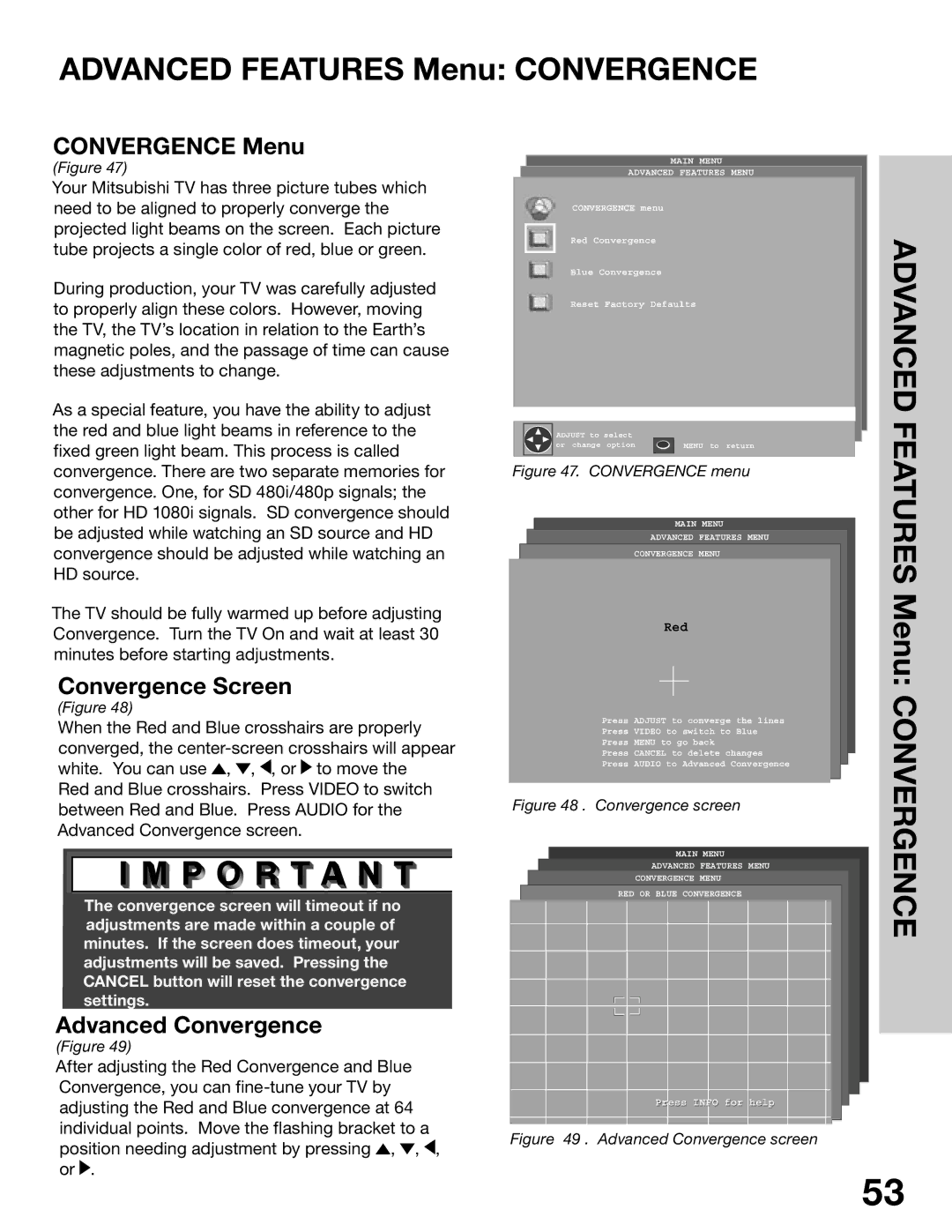 Mitsubishi Electronics WS-48315, WS-65315A manual Advanced Features Menu Convergence, Convergence Menu, Convergence Screen 