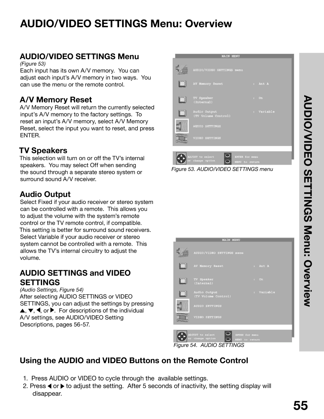 Mitsubishi Electronics WS-65315A, WT-42315, WS-55315, WS-48315 manual AUDIO/VIDEO Settings Menu Overview 