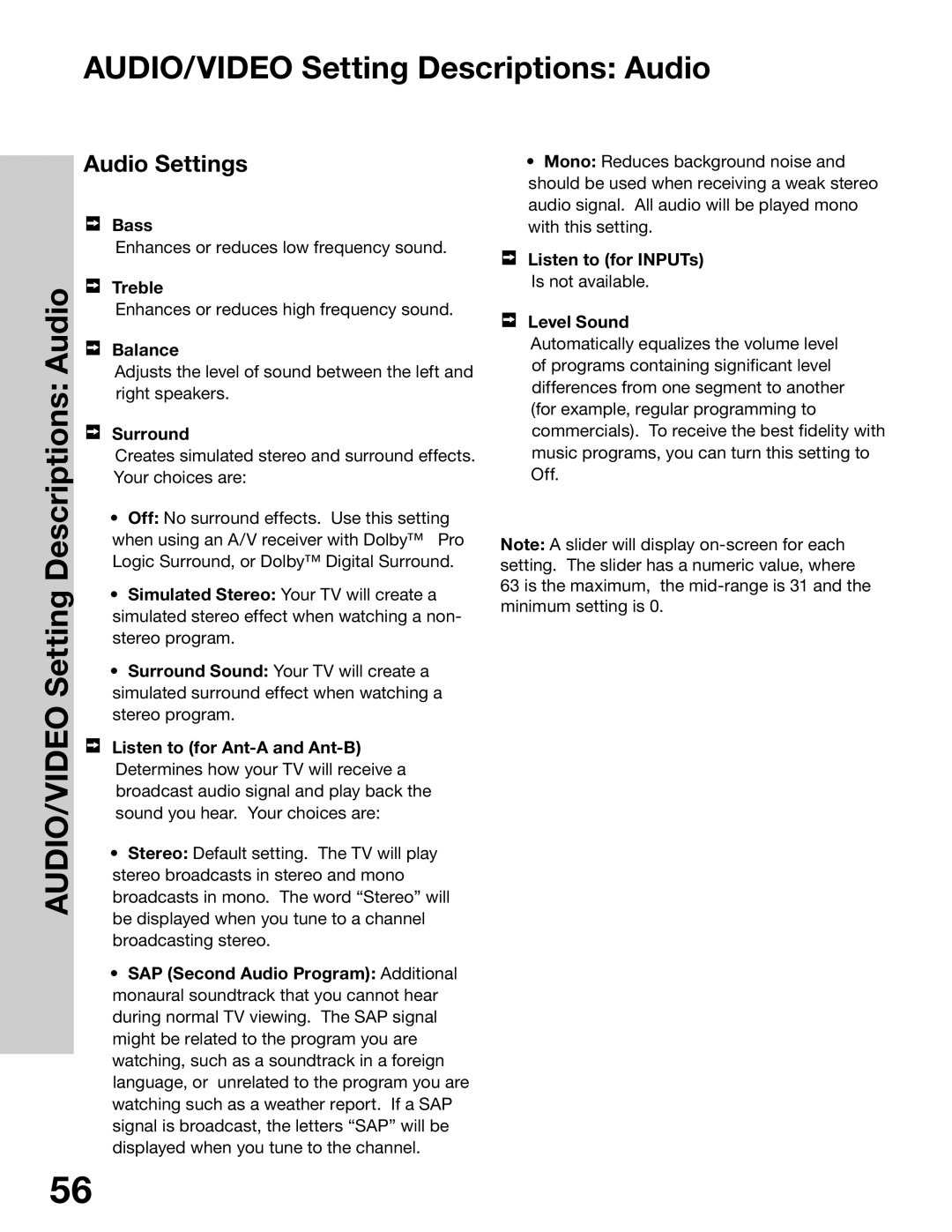 Mitsubishi Electronics WT-42315, WS-65315A, WS-55315, WS-48315 manual AUDIO/VIDEO Setting Descriptions Audio, Audio Settings 