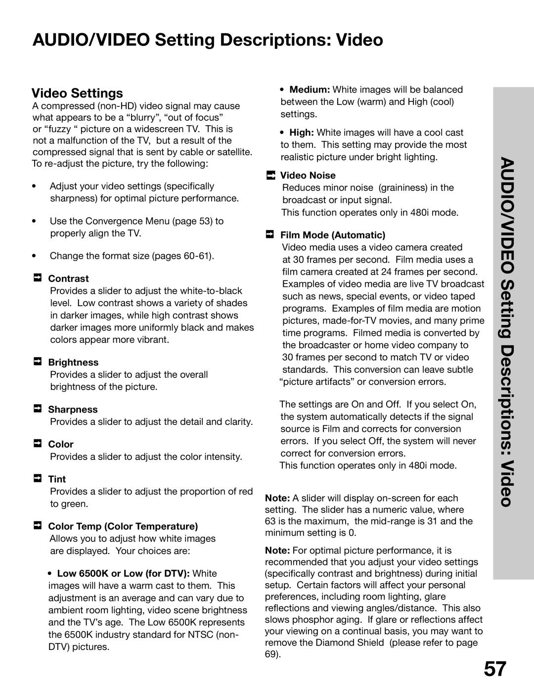 Mitsubishi Electronics WS-55315, WS-65315A, WT-42315, WS-48315 manual AUDIO/VIDEO Setting Descriptions Video, Video Settings 