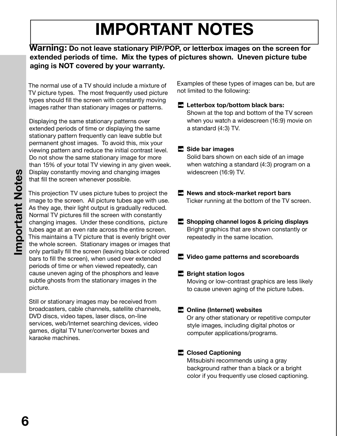 Mitsubishi Electronics WT-42315, WS-65315A, WS-55315, WS-48315 manual Important Notes 