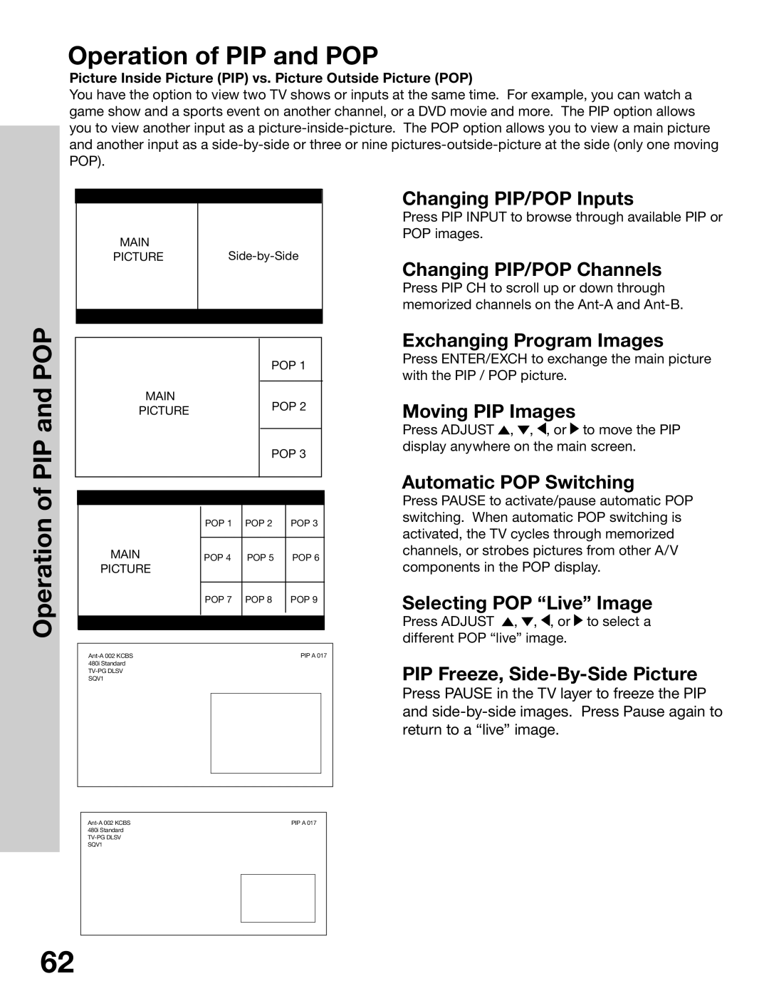 Mitsubishi Electronics WS-55315, WS-65315A, WT-42315, WS-48315 manual Operation of PIP and POP 