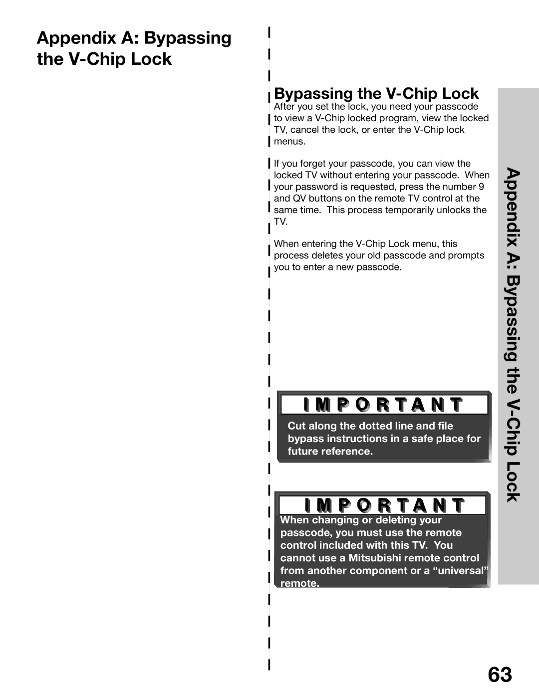 Mitsubishi Electronics WS-48315, WS-65315A, WT-42315 Appendix a Bypassing V-Chip Lock, Appendix a Bypassing the V-Chip Lock 