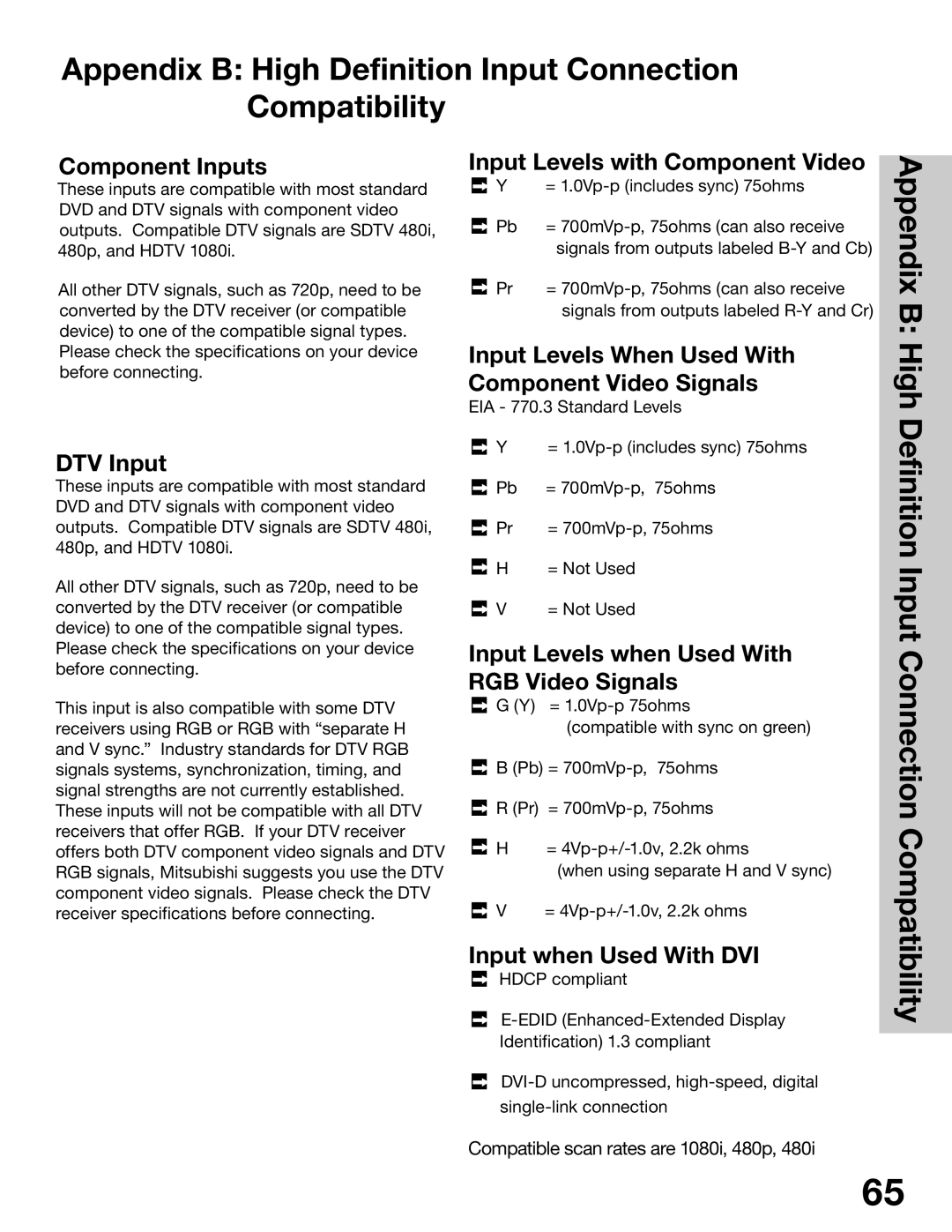 Mitsubishi Electronics WS-65315A, WT-42315, WS-55315, WS-48315 Appendix B High Definition Input Connection Compatibility 