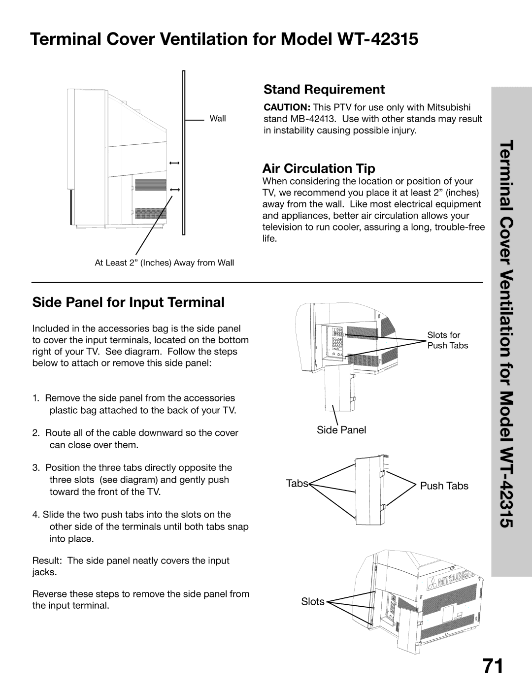 Mitsubishi Electronics WS-65315A Terminal Cover Ventilation for Model WT-42315, Stand Requirement, Air Circulation Tip 