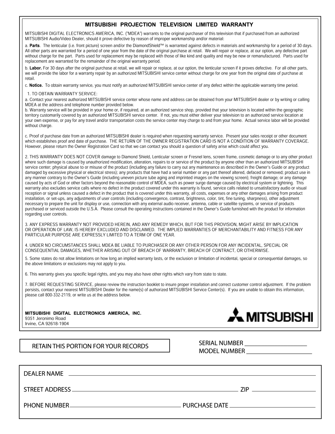 Mitsubishi Electronics WS-65315A, WT-42315, WS-55315, WS-48315 manual 