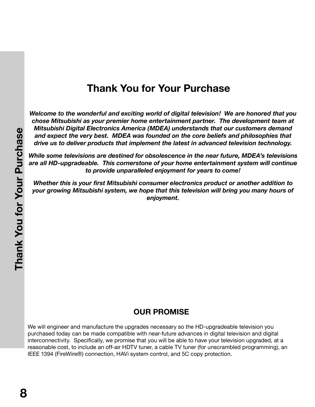 Mitsubishi Electronics WS-48315, WS-65315A, WT-42315, WS-55315 manual Thank You for Your Purchase, OUR Promise 