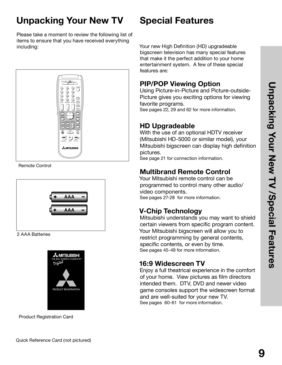 Mitsubishi Electronics WS-65315A, WT-42315, WS-55315, WS-48315 Unpacking Your New TV, Your New TV /Special Features 