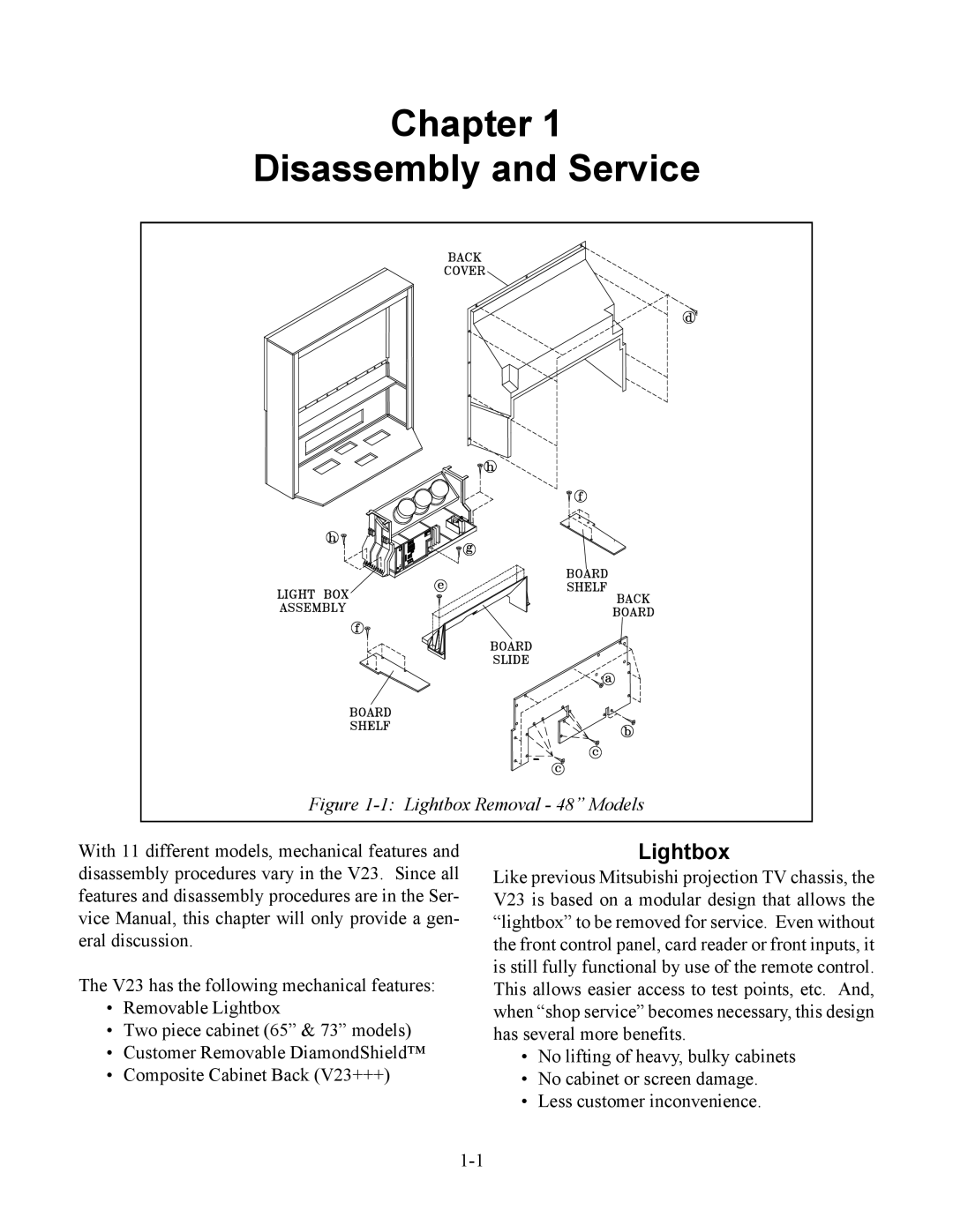 Mitsubishi Electronics WS-65513, WS-48613, WS-48513, WS-55513 manual Chapter Disassembly and Service, Lightbox 