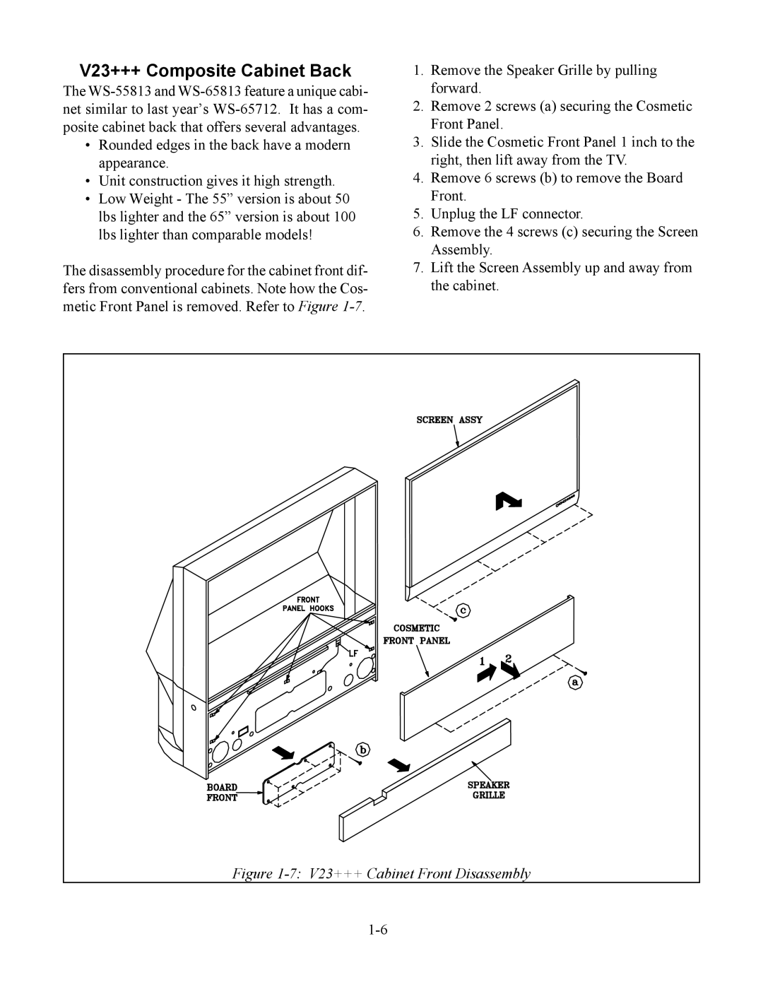 Mitsubishi Electronics WS-65513, WS-48613, WS-48513 manual V23+++ Composite Cabinet Back, V23+++ Cabinet Front Disassembly 