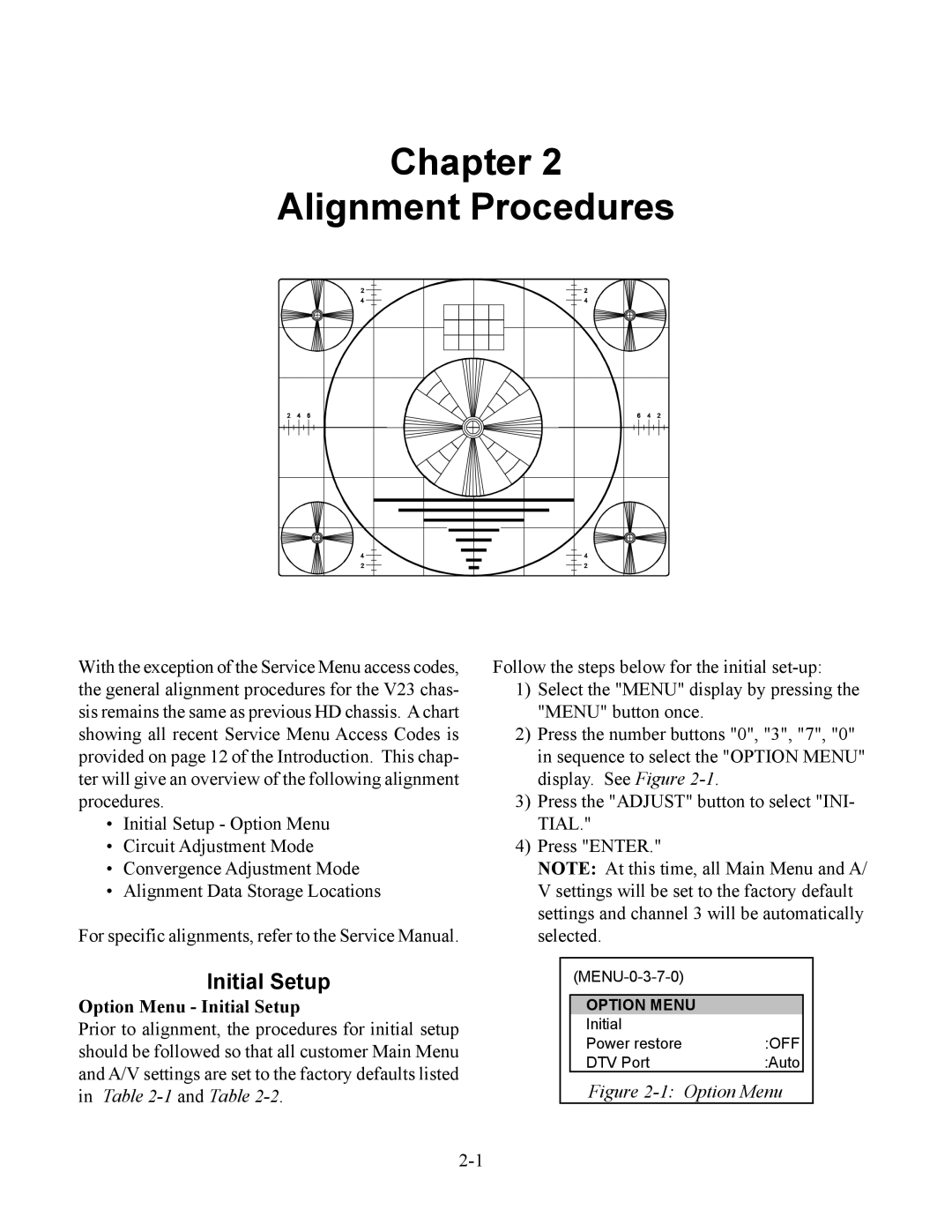 Mitsubishi Electronics WS-65513, WS-48613, WS-48513, WS-55513 Chapter Alignment Procedures, Option Menu Initial Setup 