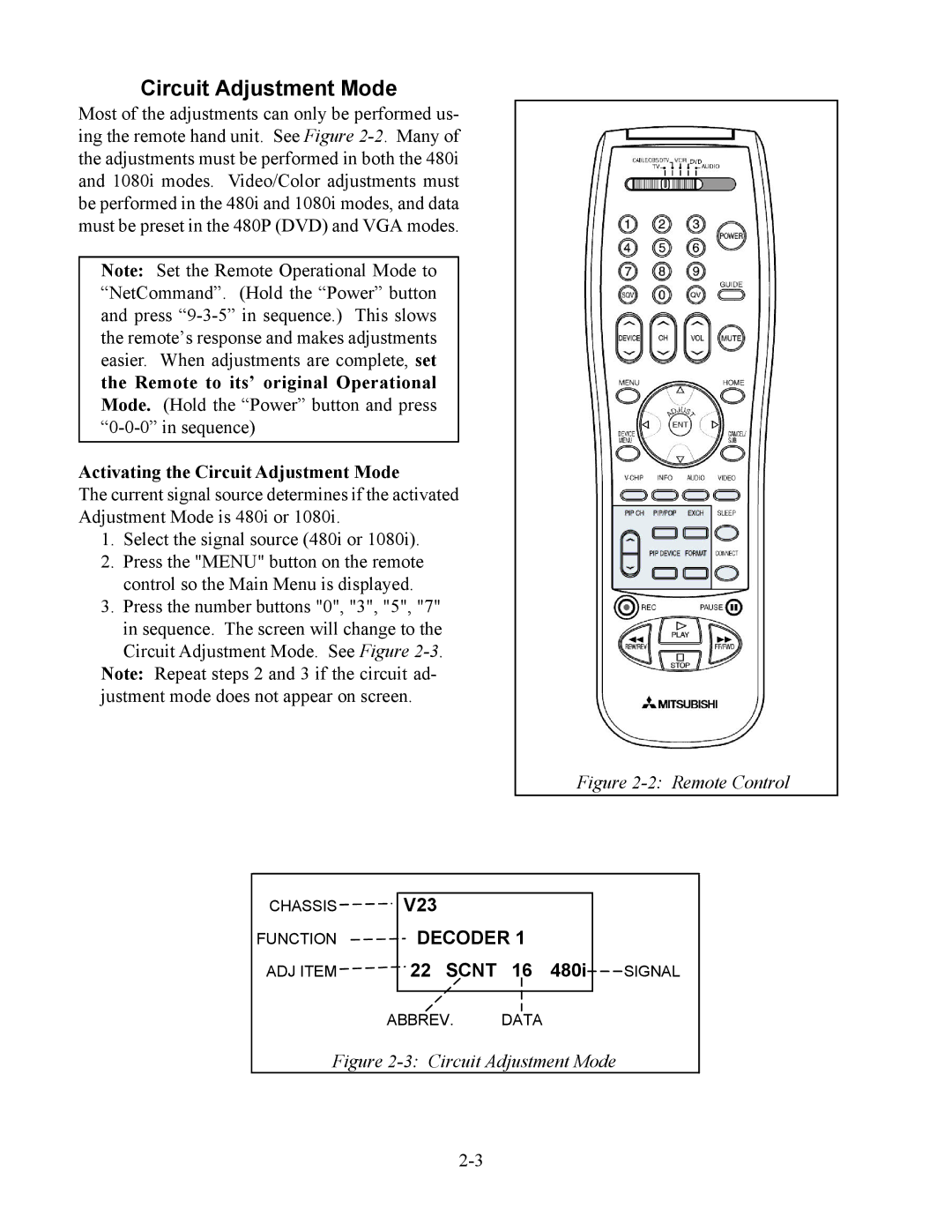 Mitsubishi Electronics WS-48513, WS-65513, WS-48613, WS-55513 manual Activating the Circuit Adjustment Mode 