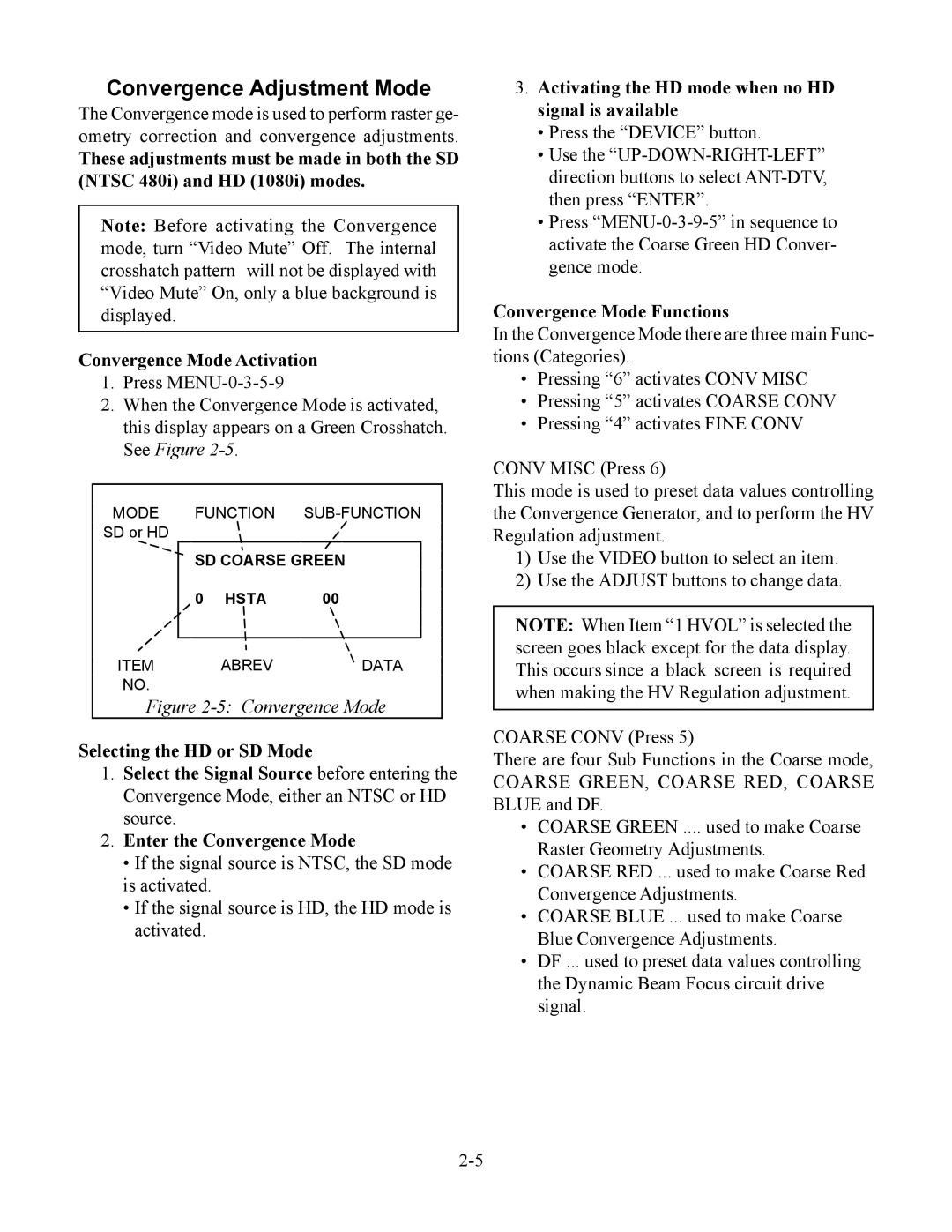 Mitsubishi Electronics WS-65513 manual Convergence Adjustment Mode, Activating the HD mode when no HD signal is available 