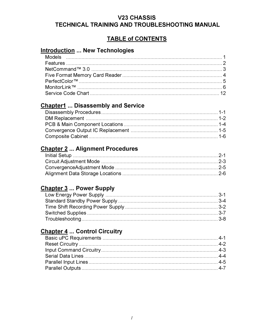 Mitsubishi Electronics WS-65513 Table of Contents Introduction ... New Technologies, Disassembly and Service, Power Supply 