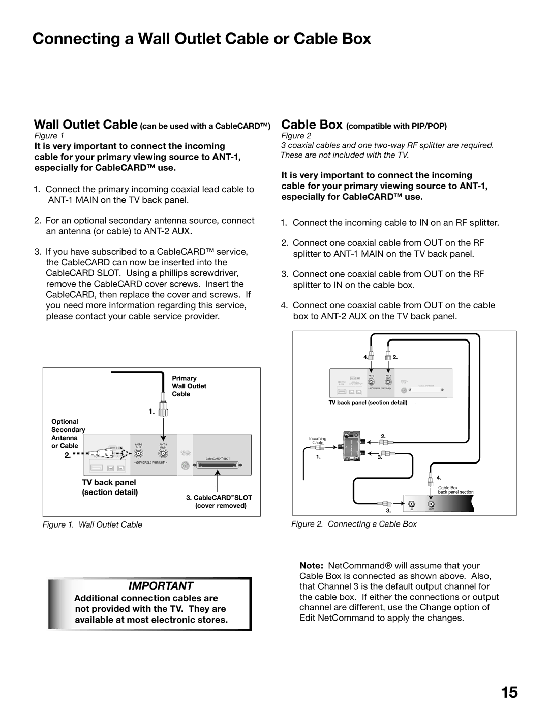 Mitsubishi Electronics WS-55515, WS-65515A Connecting a Wall Outlet Cable or Cable Box, Cable Box compatible with PIP/POP 