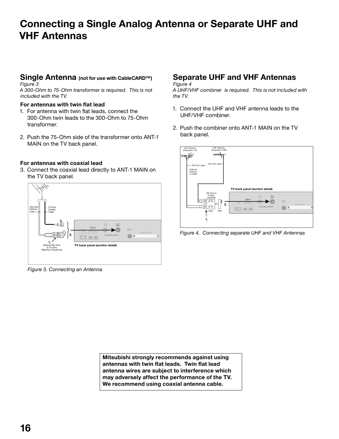 Mitsubishi Electronics WS-48515, WS-65515A Single Antenna, Separate UHF and VHF Antennas, For antennas with twin flat lead 