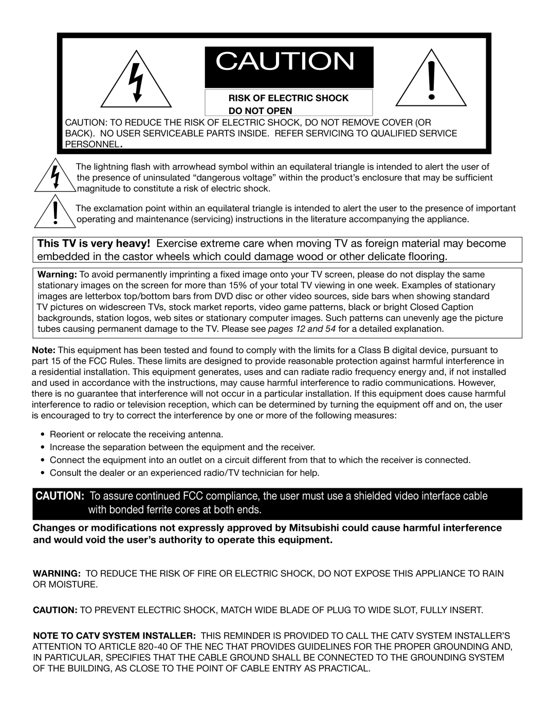 Mitsubishi Electronics WS-73615, WS-65515A, WS-65615A, WS-55515, WS-48515, WS-55615A manual Risk of Electric Shock 