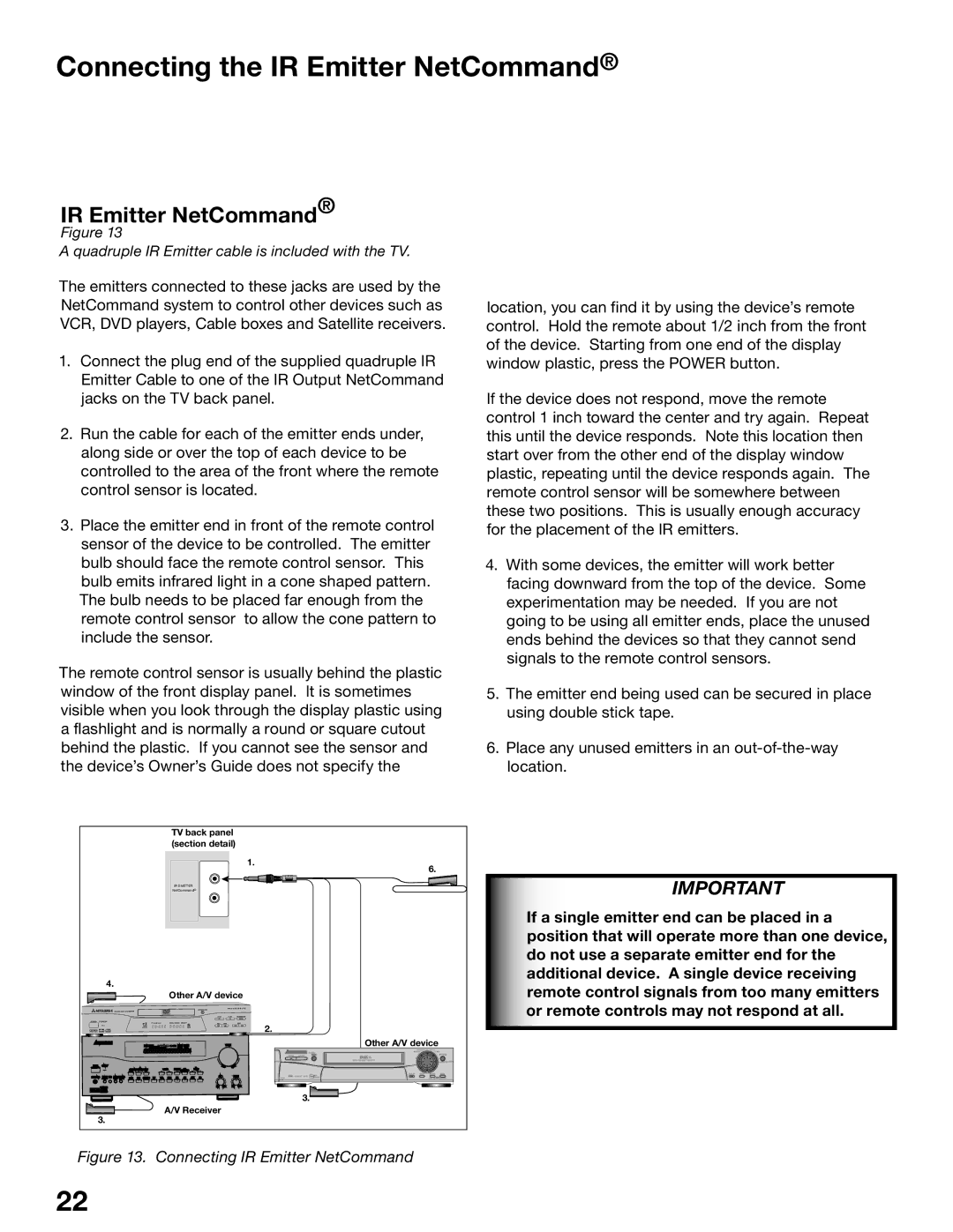 Mitsubishi Electronics WS-65515A, WS-65615A, WS-73615, WS-55615, WS-55515, WS-48515 Connecting the IR Emitter NetCommand 