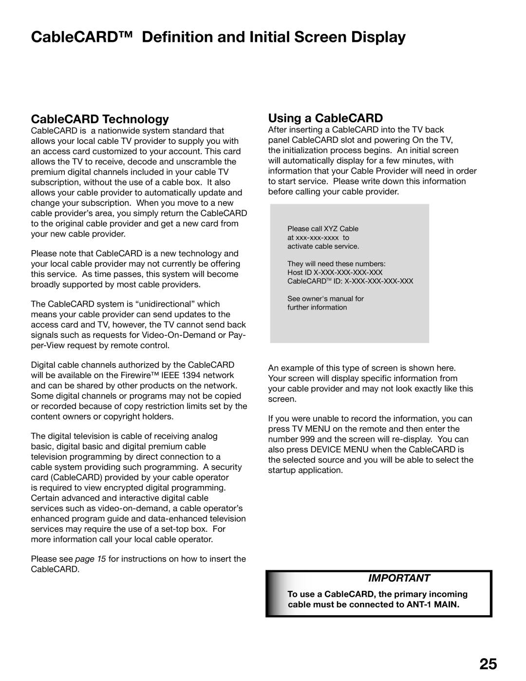 Mitsubishi Electronics WS-48515 CableCARD Definition and Initial Screen Display, CableCARD Technology, Using a CableCARD 