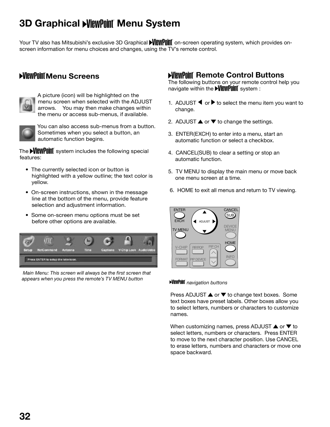 Mitsubishi Electronics WS-55615, WS-65515A, WS-65615A, WS-73615, WS-55515 3D Graphical Menu System, Remote Control Buttons 