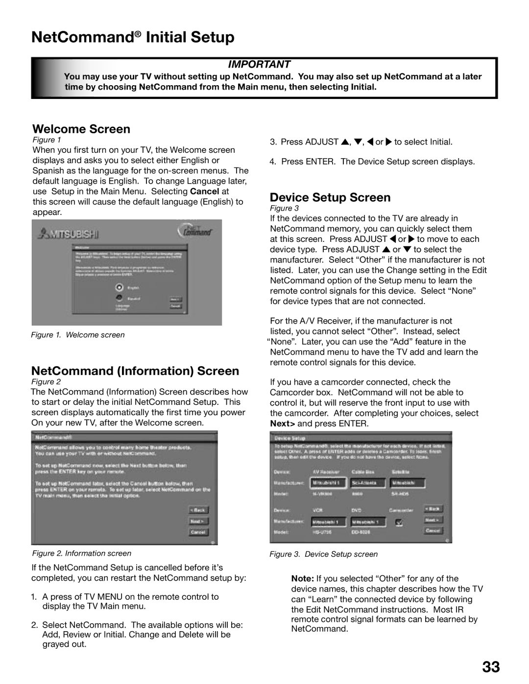 Mitsubishi Electronics WS-55515, WS-65515A manual NetCommand Initial Setup, Welcome Screen, NetCommand Information Screen 