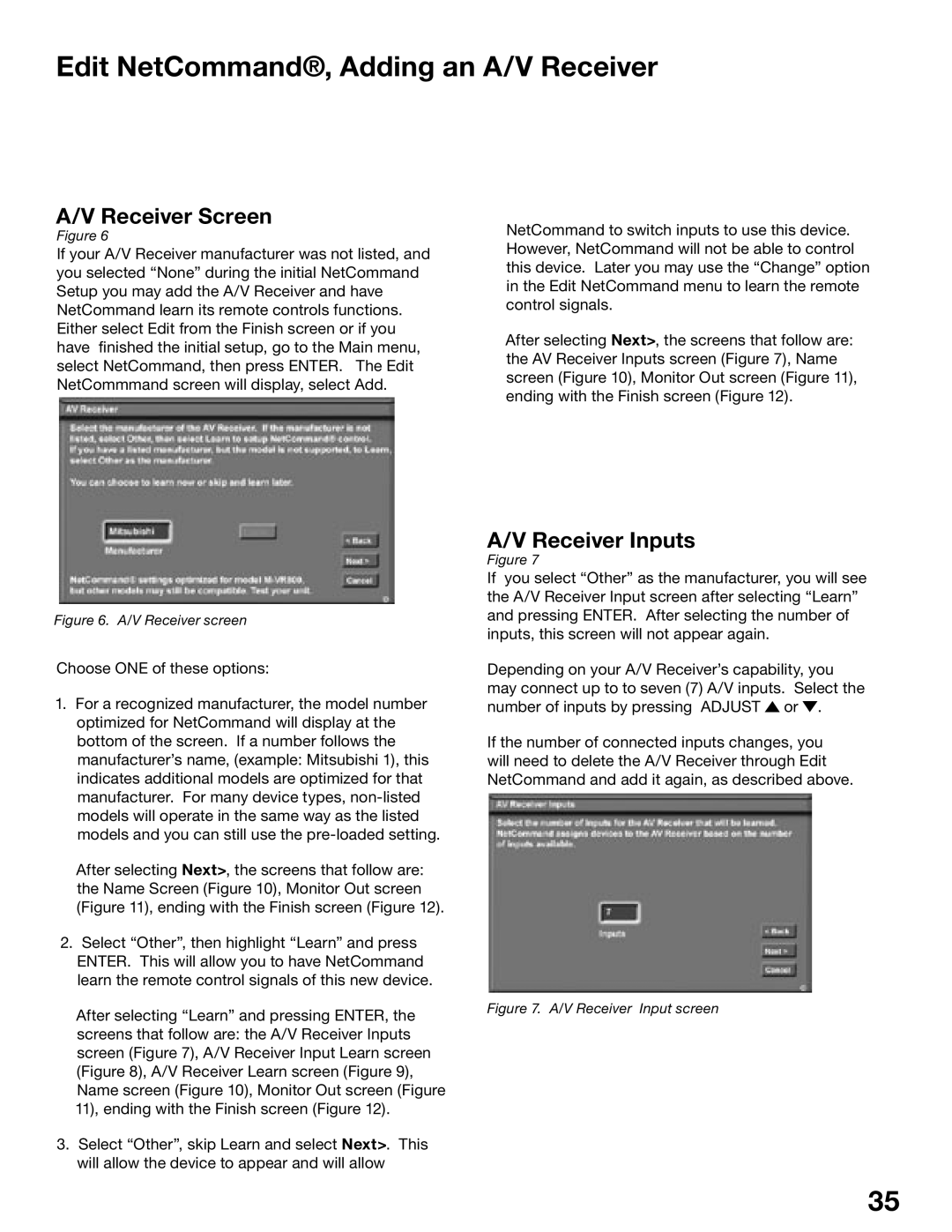 Mitsubishi Electronics WS-55615A, WS-65515A manual Edit NetCommand, Adding an A/V Receiver, Receiver Screen, Receiver Inputs 