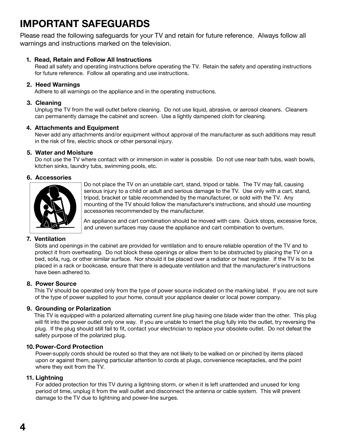 Mitsubishi Electronics WS-65515A, WS-65615A, WS-73615, WS-55515, WS-48515, WS-55615A manual Important Safeguards 