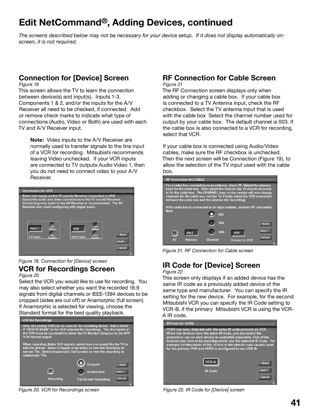 Mitsubishi Electronics WS-55615 Connection for Device Screen, VCR for Recordings Screen, RF Connection for Cable Screen 