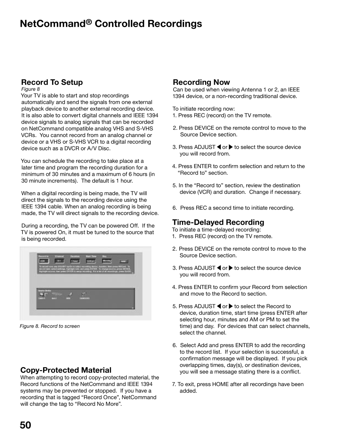 Mitsubishi Electronics WS-55615 NetCommand Controlled Recordings, Record To Setup, Recording Now, Copy-Protected Material 