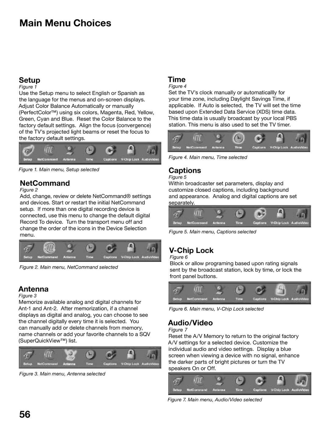 Mitsubishi Electronics WS-73615, WS-65515A, WS-65615A, WS-55515, WS-48515, WS-55615A manual Main Menu Choices 