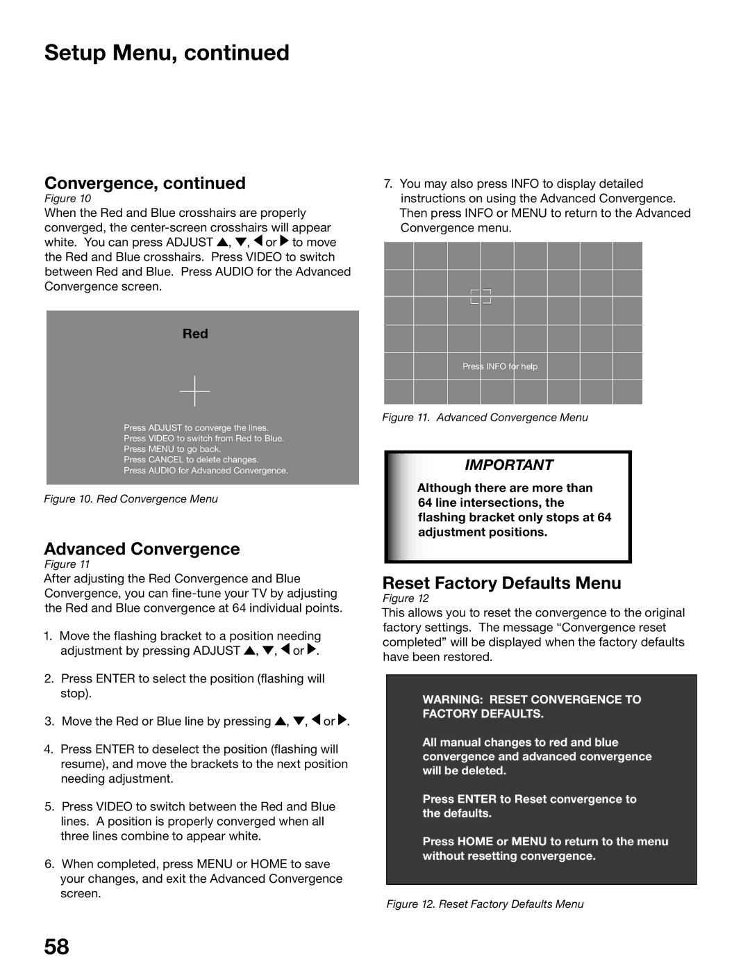 Mitsubishi Electronics WS-65515A, WS-65615A, WS-73615, WS-55615 manual Advanced Convergence, Reset Factory Defaults Menu 