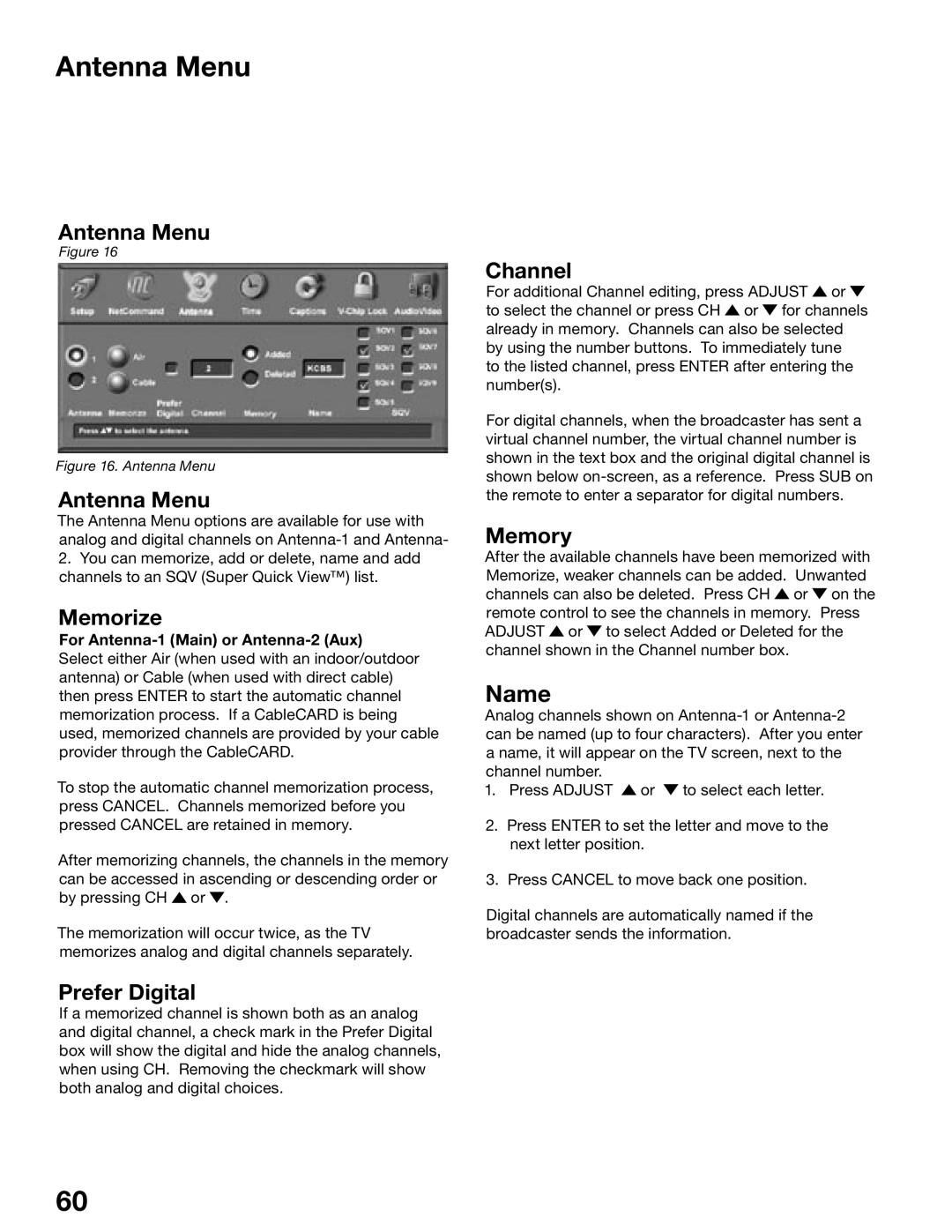 Mitsubishi Electronics WS-55515, WS-65515A, WS-65615A, WS-73615, WS-48515, WS-55615A manual Antenna Menu 